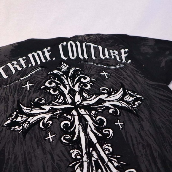 Xtreme Couture T Shirt Mens XL Black Graphic Print Cross Fleur Burnout - Picture 9 of 9